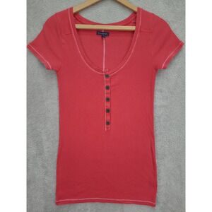 Vintage American Eagle Outfitters Womens Sz Lg Ribbed Henley Top Coral Red Y2K‎